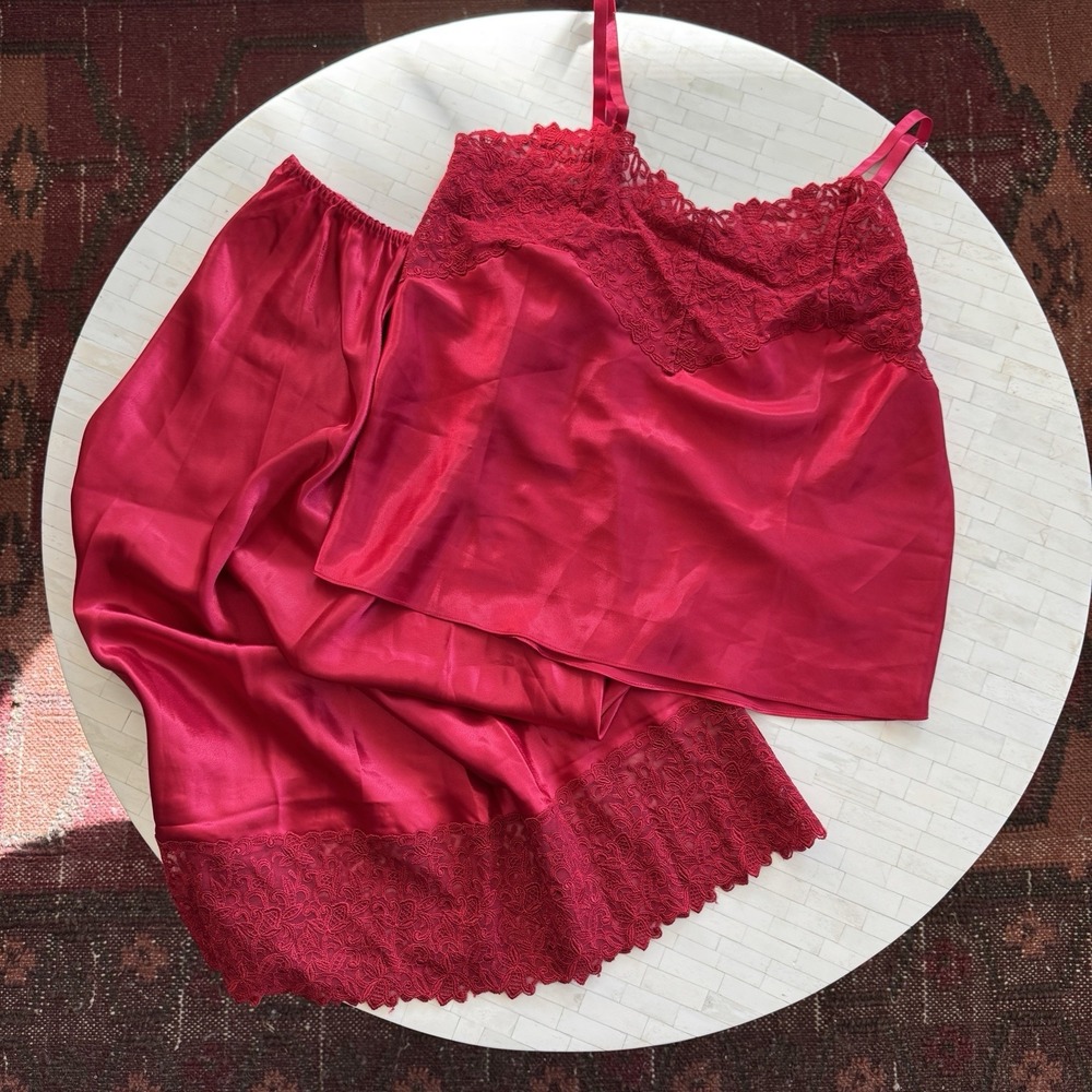 Vtg Cabernet Set Red Wide Lace Liquid Satin Slip Skirt Camisole Top Sz S Sexy - Picture 7 of 13